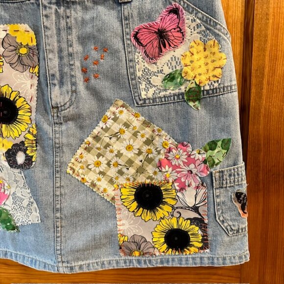 Sonoma Denim Skirt / Shorts Upcycled  Size 12 Floral Patchwork  OOAK  Boho Chic - Picture 3 of 6